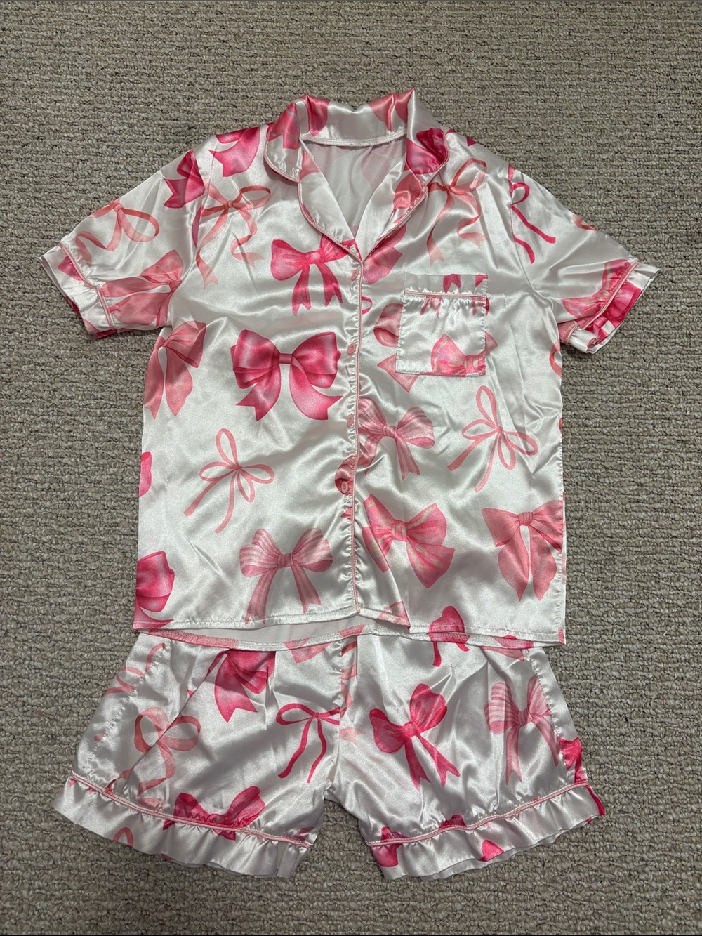 Silky White & Pink Bow-Print Short Pajama Set